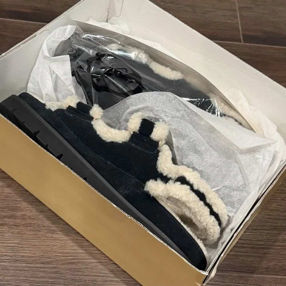 Michael Kors Holland Lug Sandal Faux Shearling Black Womens 9.5M 49F5HLFS1D NIB